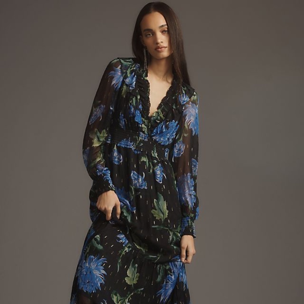 Anthropologie Black and Blue Floral Maxi Dress